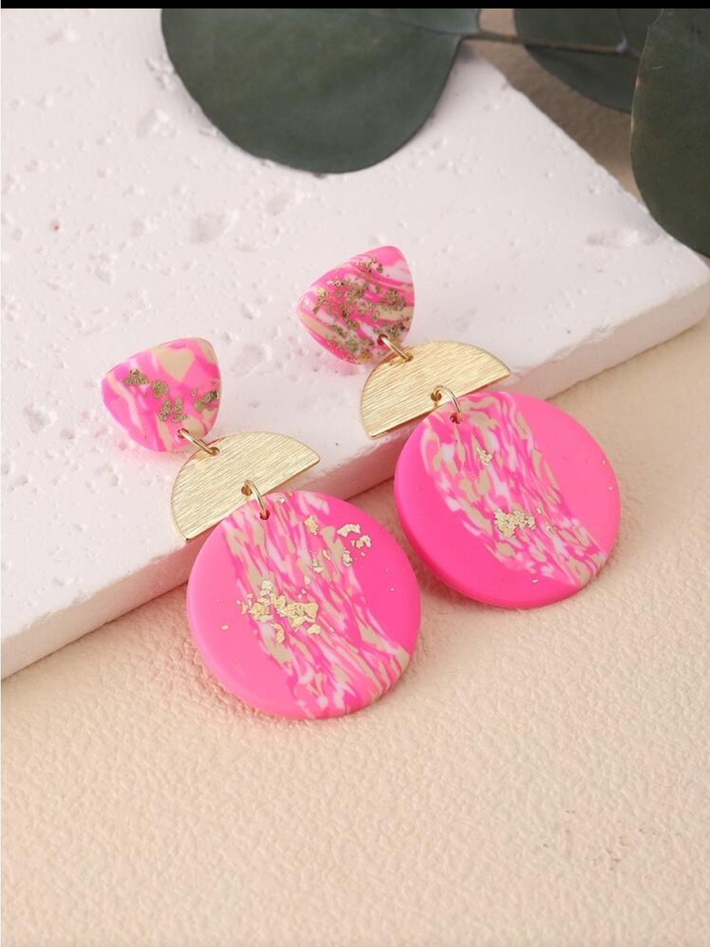 Hot Pink Marbled Drop Earrings with Gold Half-Moon - Picture 3 of 10